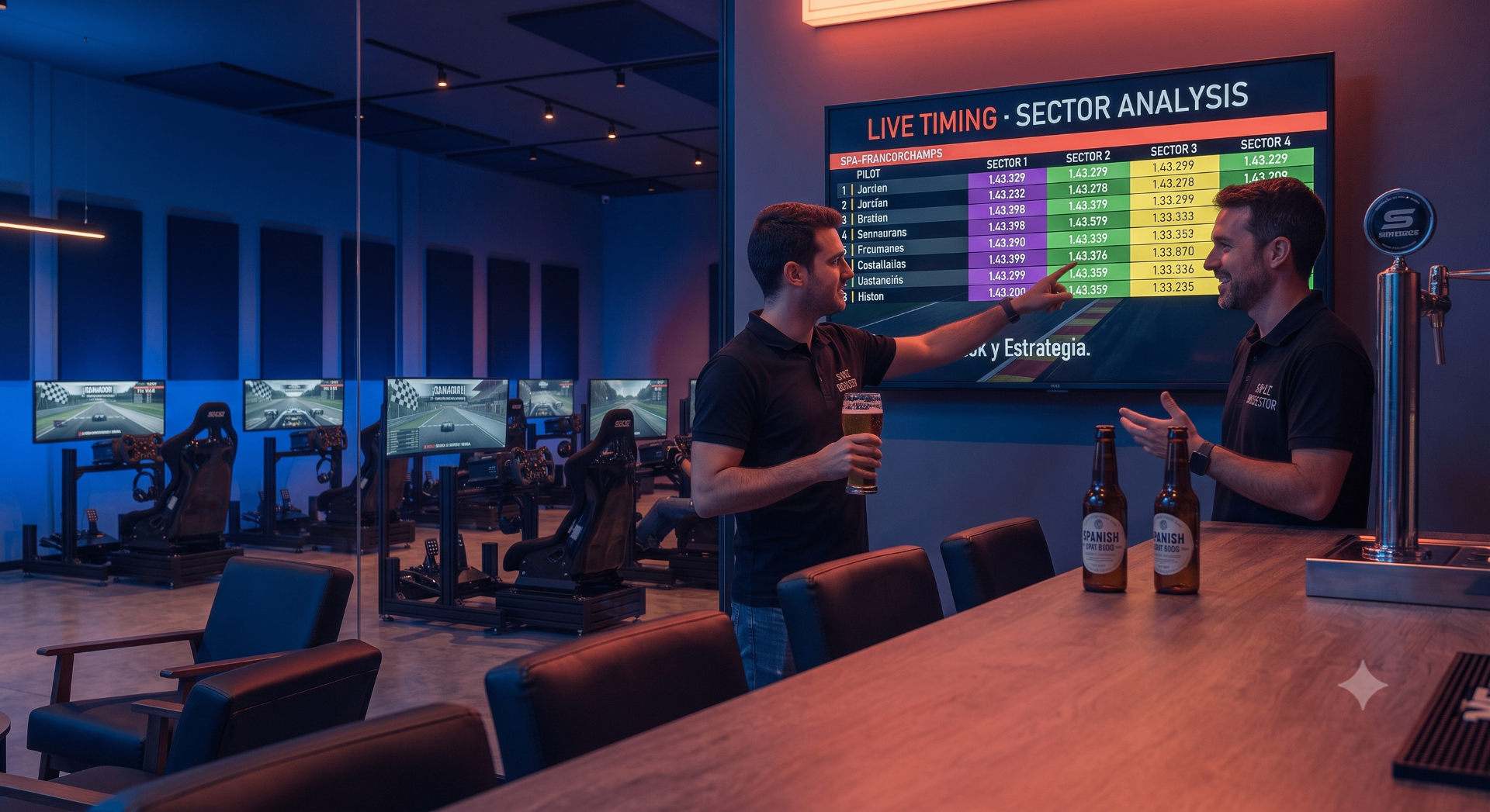 Lounge con pantalla de Live Timing y análisis por sectores