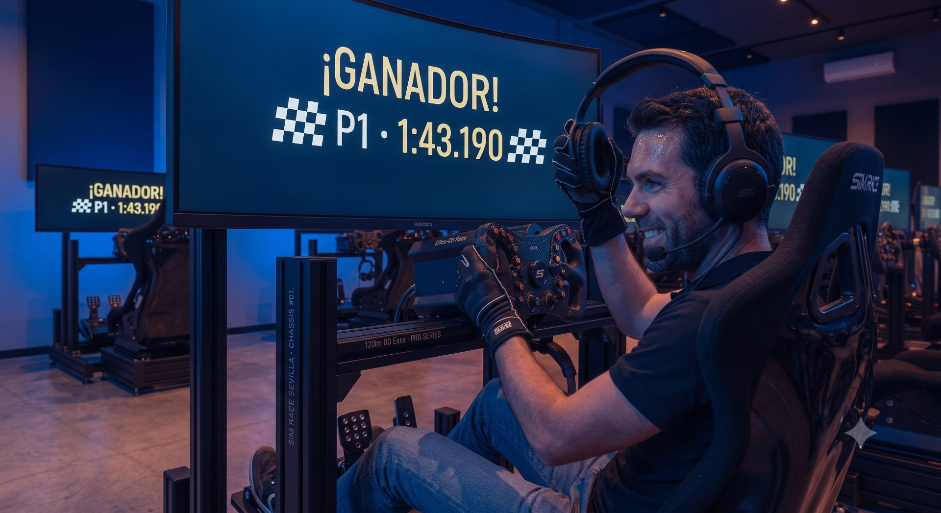 Piloto celebrando victoria con Live Timing en pantalla